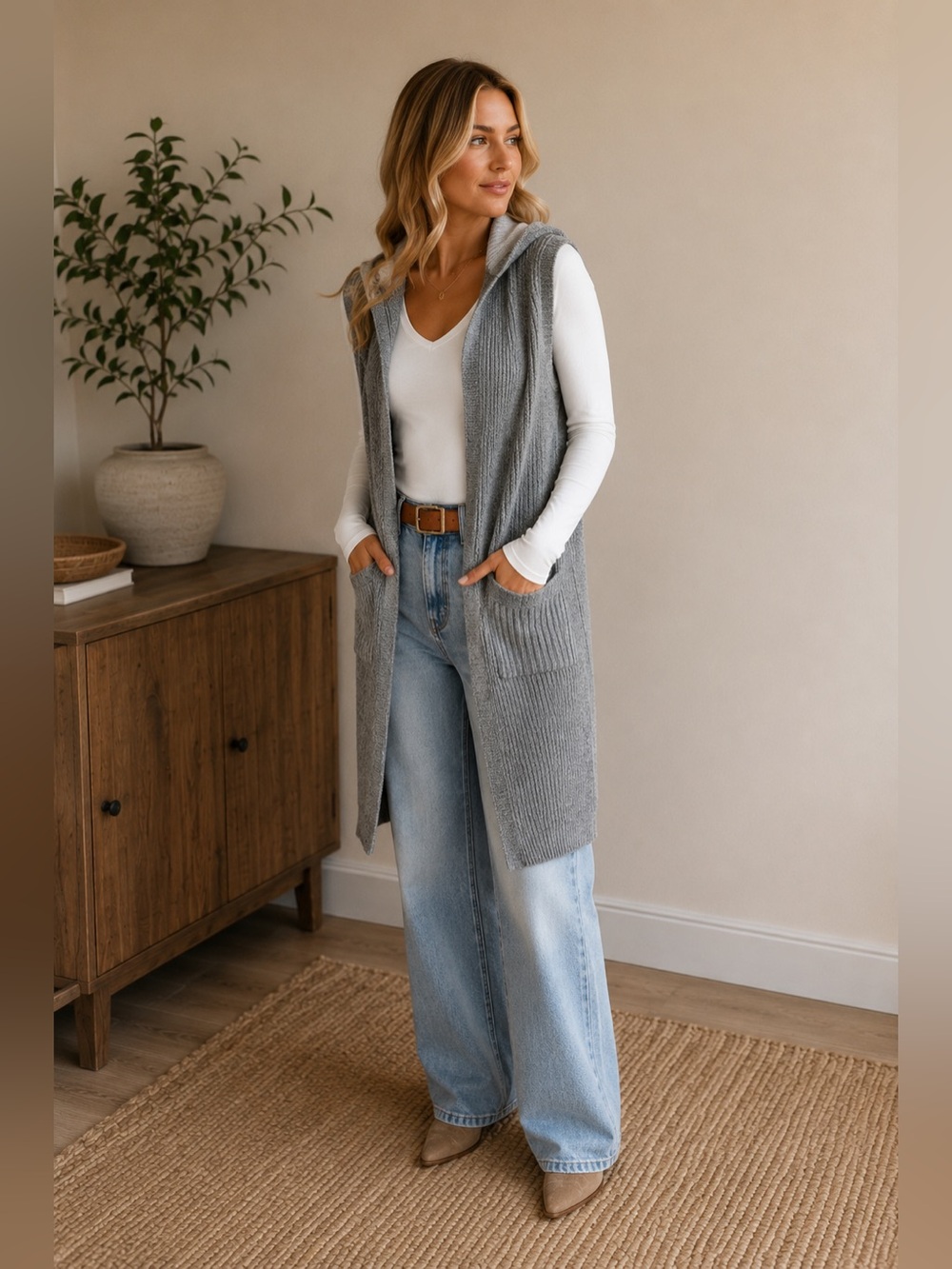 🔹 A New Day Gray Hooded Long Sweater Duster Vest Cardigan Size M